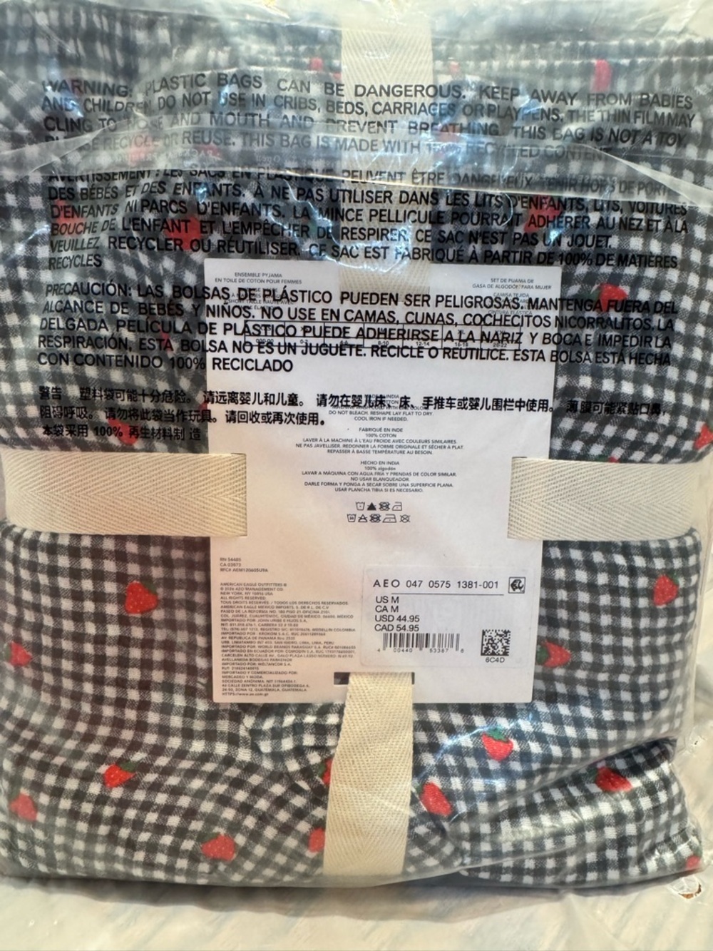 American Eagle Outfitters Women's Gray Gingham Cotton Pajama Set with Red Hearts - Picture 2 of 3